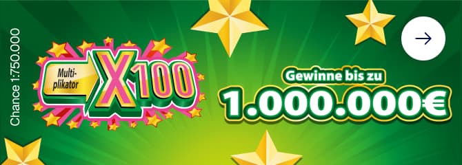 Grüner Hintergrund mit gelben Sternen, den Texten „Gewinne bis zu 1.000.000 €“ und „Multiplikator X100“, violetter Umrandung und weißer Gewinnquote.