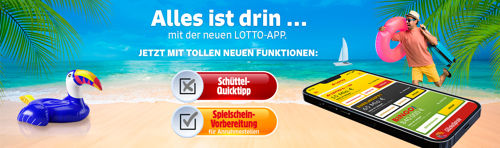 Mann mit Koffer und Schwimmring hinter einem Smartphone mit der LOTTO-App.